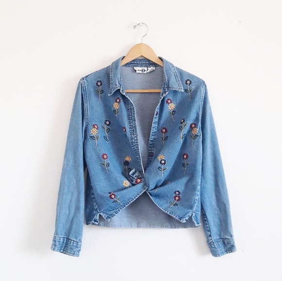 Vintage Tops - Vintage Floral Embroidered Denim Long Sleeve Top
